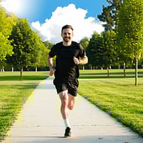 A man running outside in the park during a nice warm day He is running on a concrete path and there is grass on both sides of him There are several trees in the grass of varying sizes There is one cloud in the sky that is partially covering the sun T-1-3
