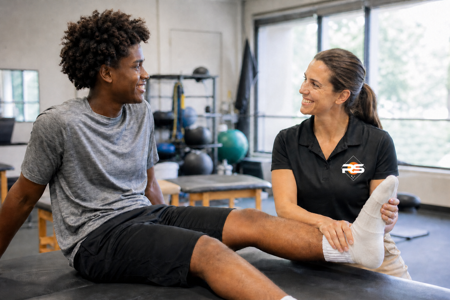 Athletic Trainer and Student Smiling in Training Room with Logo