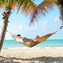 the image features a person resting in a hammock on a beach The hammock is fastened between two palm trees and there are no other people in the picture The tone and lighting of the picture should be bright for easy visualization but still should crea-1-1