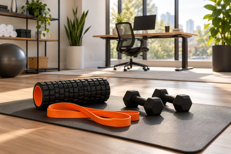 AI illustration of resistance bands, dumbbells and a foam roller beside a workspace