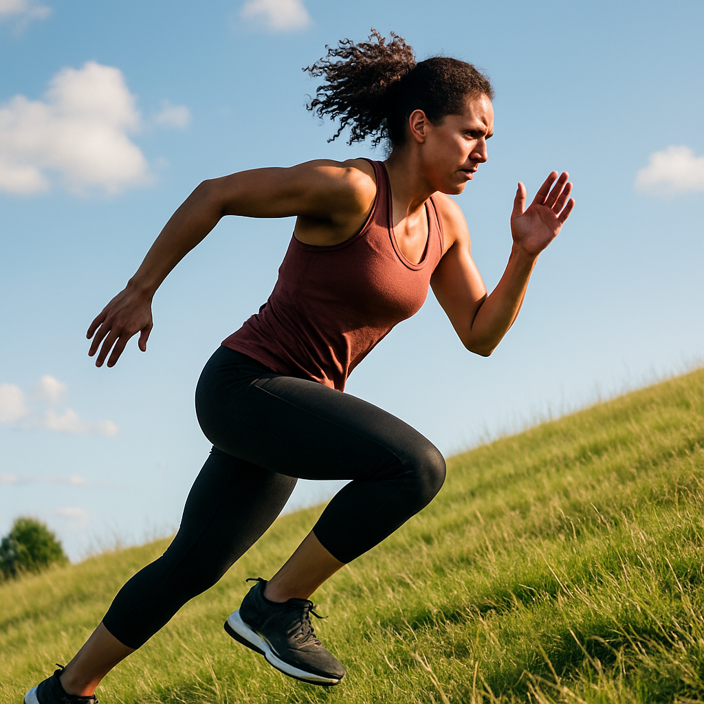 A woman sprinting up a grassy hill