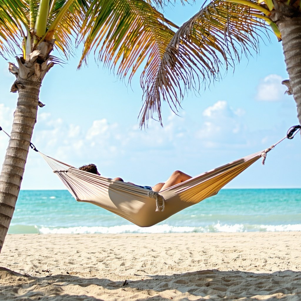 A person resting in a hammock on the beach